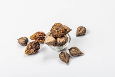 Olgun Juglans cordiforis Maxim ya da beyaz arka planda izole edilmiş kalp şeklinde ceviz. Genç yeşil ve soyulmamış fındıklar, düz yatış, model, şablon