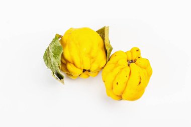 Beyaz arka planda izole edilmiş olgun bir ayva. Taze meyve, sağlıklı bir yiyecek için temel bir bileşen.