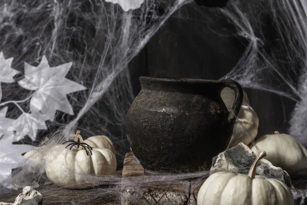 Halloween Összetétele Boszorkány Pot Tök Denevér Szellem Pók Pókháló Fekete — Stock Fotó
