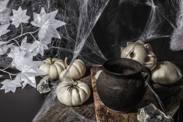 Fiesta Halloween Composición Festiva Con Maceta Brujas Calabazas Murciélagos Fantasmas — Foto de Stock