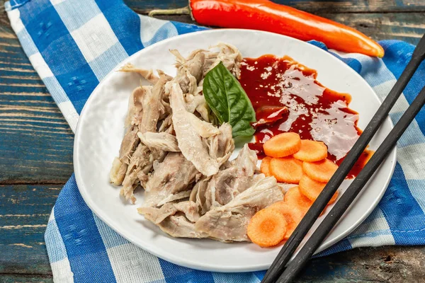 Viande Poulet Bouillie Avec Sauce Épicée Légumes Faible Teneur Protéines — Photo