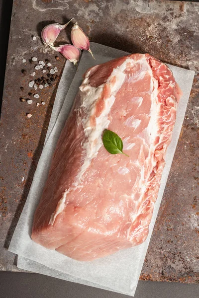 Raw Pork Loin Spices Large Piece Meat Rusty Metal Stand — Stock Photo, Image