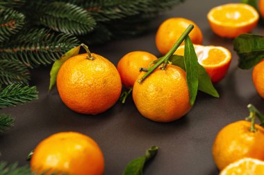 Mandallı (portakal, mandalina, mandalina, narenciye) ve köknar ağacı dallı. Siyah taş arka plan, şenlikli düz alan, yakın plan.