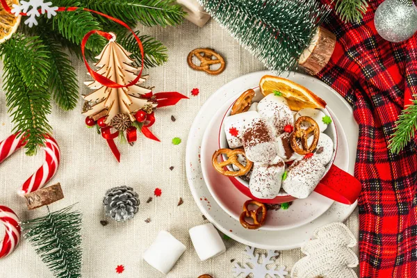 Hot Cocoa Chocolate Marshmallows Christmas Traditional Decor New Year Festive — Stock Photo, Image
