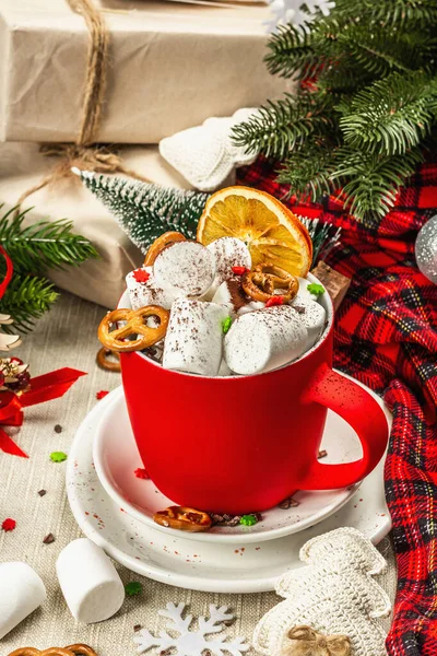 Hot Cocoa Chocolate Marshmallows Christmas Traditional Decor New Year Festive — стоковое фото