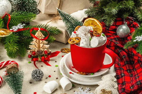 Hot Cocoa Chocolate Marshmallows Christmas Traditional Decor New Year Festive — стоковое фото