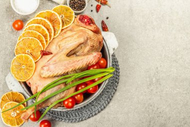 Raw goose with vegetables and spices. Traditional ingredient for preparing festive and healthy food, rustic style. Light stone concrete background, top view