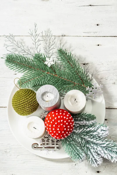 Christmas Composition Table Candles New Year Crocheted Toys Fir Tree — Stock Photo, Image