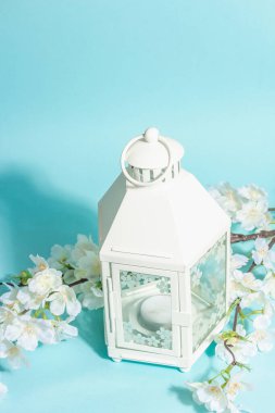 Çiçekli kiraz dalı ve mavi arka planda izole edilmiş beyaz fener. Şaşırtıcı bahar çiçekleri, Paskalya ya da düğün kibarlığı, kopyalama alanı