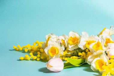 Mavi arka planda yalıtılmış bahar çiçekleri kompozisyonu. Mutlu Paskalyalar veya Düğün Konsepti, Sevgililer Günü veya Anneler Günü, kopyalama alanı, düz konum