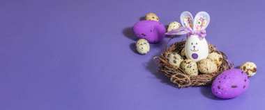 Hasır yuvasında şirin tavşan ve bıldırcın yumurtaları olan Paskalya bayramı kompozisyonu. Sert bir ışık, karanlık bir gölge, modaya uygun bir arka plan. Düz yatar tebrik kartı, satış, davetiye, afiş