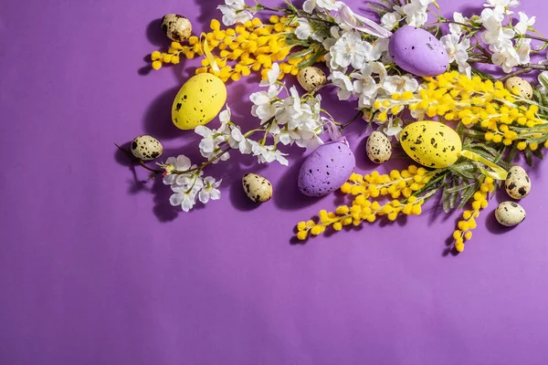 Spring Composition Flowers Pastel Eggs Purple Very Peri Background Hard — Stock Photo, Image