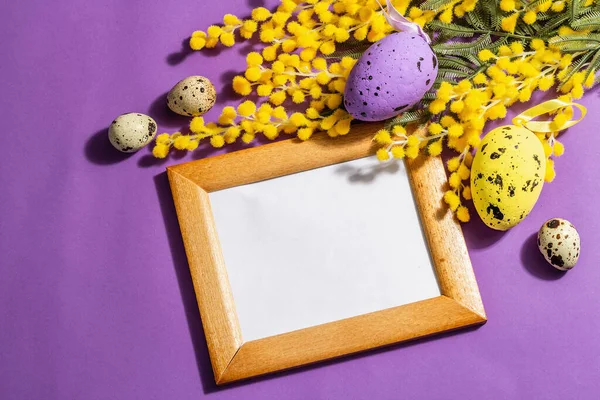 Frühling Komposition Mit Blumen Pastell Eier Auf Violettem Hintergrund Sehr — Stockfoto