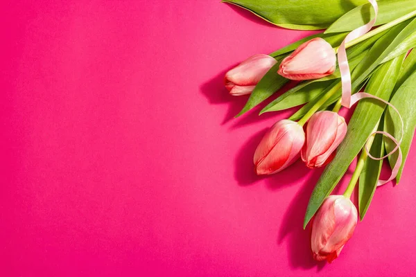 Frisk Blomstersammensætning Buket Lyserøde Tulipaner Isoleret Magenta Baggrund Hilsen Koncept - Stock-foto