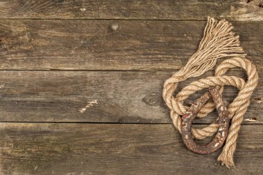 At nalı ve klasik ip. Aziz Patrick Günü için iyi şans kavramı. Eski tahta zemin, üst görünüm, düz yatış