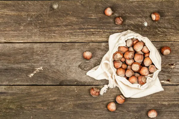 Noisettes Mûres Coquilles Récolter Dans Sac Lin Ingrédient Sain Pour — Photo