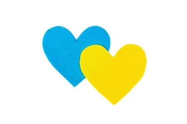 Ukrayna bayrağı renginde bir kalp. Savaş konseptini durdurun. Beyaz arka planda izole edilmiş bir kalp hissettim. Düz yatak, metin, model, şablon, üst görünüm için bir yer