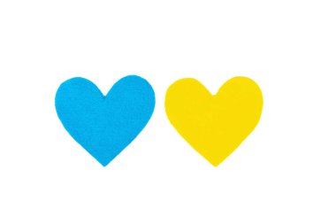 Ukrayna bayrağı renginde bir kalp. Savaş konseptini durdurun. Beyaz arka planda izole edilmiş bir kalp hissettim. Düz yatak, metin, model, şablon, üst görünüm için bir yer