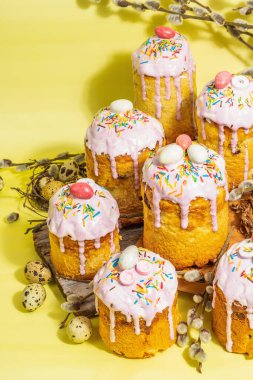 Geleneksel Paskalya pastası. Şekerleme ve dekorlu şenlikli tatlı yiyecekler. Yumurta, yuva, söğüt, modaya uygun sert ışık, karanlık gölge. Parlak sarı arka planda geleneksel pişirme, kapat