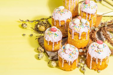 Geleneksel Paskalya pastası. Şekerleme ve dekorlu şenlikli tatlı yiyecekler. Yumurta, yuva, söğüt, modaya uygun sert ışık, karanlık gölge. Parlak sarı arkaplanda geleneksel pişirme, alanı kopyala