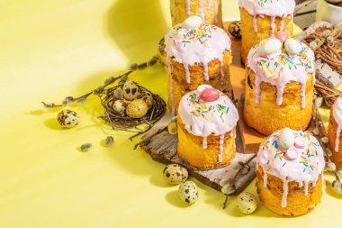 Geleneksel Paskalya pastası. Şekerleme ve dekorlu şenlikli tatlı yiyecekler. Yumurta, yuva, söğüt, modaya uygun sert ışık, karanlık gölge. Parlak sarı arkaplanda geleneksel pişirme, alanı kopyala