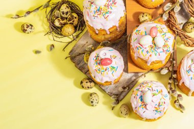 Geleneksel Paskalya pastası. Şekerleme ve dekorlu şenlikli tatlı yiyecekler. Yumurta, yuva, söğüt, modaya uygun sert ışık, karanlık gölge. Parlak sarı arka planda geleneksel pişirme, üst görünüm