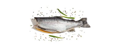 Beyaz arka planda çiğ alabalık leşi var. Deniz balığı, baharat, sağlıklı yiyecekler, maket, düz yatak, şablon. Moda bir sert ışık, karanlık gölge, afiş biçimi