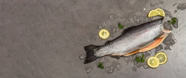 Carcassa Trota Cruda Con Ghiaccio Limone Prezzemolo Fondo Cemento Grigio — Foto Stock