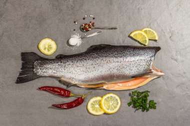 Gri taştan bir arka planda baharat ve bitkilerle çiğ alabalık leşi. Deniz balığı, sağlıklı yiyecekler, üst manzara.