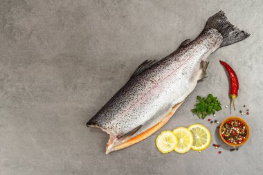 Gri taştan bir arka planda baharat ve bitkilerle çiğ alabalık leşi. Deniz balığı, sağlıklı yiyecekler, üst manzara.