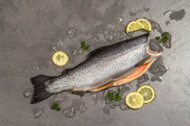 Çiğ alabalık leşi, buzlu, limonlu ve maydanozlu gri beton arka planda. Deniz balığı, sağlıklı yiyecek, modaya uygun sert ışık, karanlık gölge, üst manzara.