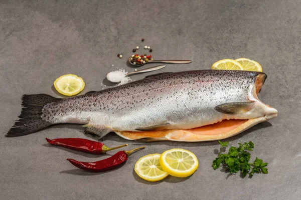 Gri taştan bir arka planda baharat ve bitkilerle çiğ alabalık leşi. Deniz balığı, sağlıklı yiyecek, kopyalama alanı