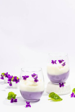 Taze menekşe çiçekli vegan panna cotta tatlısı. Çizgili renkli yiyecekler, modaya uygun stantlar. Sert bir ışık, koyu gölge, beyaz arkaplan, kopyalama alanı