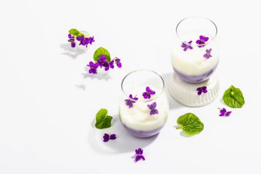 Taze menekşe çiçekli vegan panna cotta tatlısı. Çizgili renkli yiyecekler, modaya uygun stantlar. Sert bir ışık, koyu gölge, beyaz arkaplan, kopyalama alanı