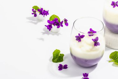 Taze menekşe çiçekli vegan panna cotta tatlısı. Çizgili renkli yiyecekler, modaya uygun stantlar. Sert bir ışık, koyu gölge, beyaz arkaplan, kopyalama alanı