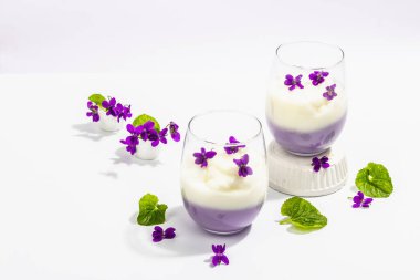 Taze menekşe çiçekli vegan panna cotta tatlısı. Çizgili renkli yiyecekler, modaya uygun stantlar. Sert bir ışık, koyu gölge, beyaz arkaplan, kopyalama alanı