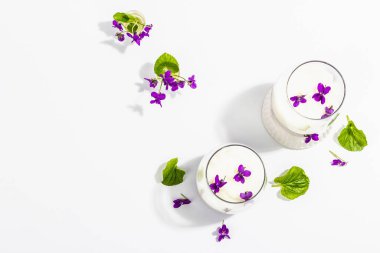 Taze menekşe çiçekli vegan panna cotta tatlısı. Çizgili renkli yiyecekler, modaya uygun stantlar. Sert bir ışık, koyu gölge, beyaz arkaplan, üst görünüm