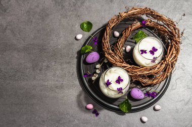 Mutlu Paskalya bayramı kompozisyonu. Taze menekşe çiçekli vegan panna cotta tatlısı. Çizgili renkli yiyecekler, modaya uygun stantlar. Sert bir ışık, karanlık bir gölge, taş beton arka plan, üst manzara.