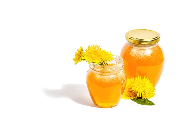 Dandelion Jam Honey Glass Jar Fresh Dandelion Flowers Isolated White — Stockfoto