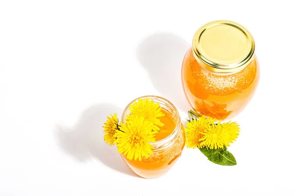 Dandelion Jam Honey Glass Jar Fresh Dandelion Flowers Isolated White — стоковое фото