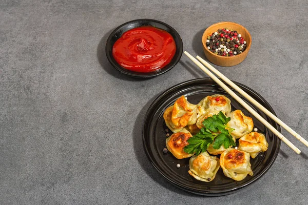 Deep Fried Dumplings Tomato Sauce Pepper Mix Trendy Vegan Food — Photo