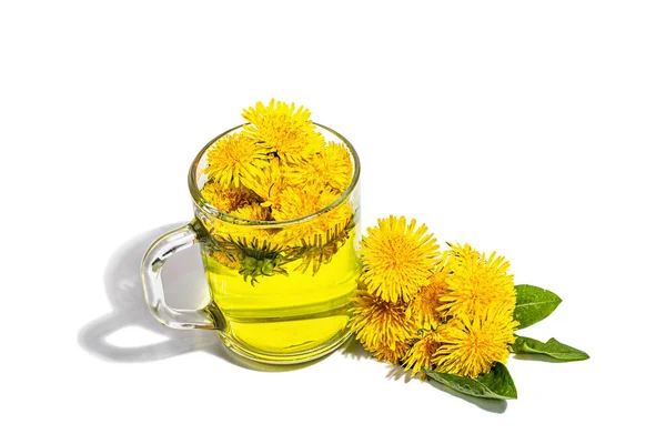 Cup Tea Dandelion Flowers Isolated White Background Breakfast Springtime Concept — Stock Photo, Image
