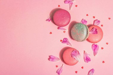 Pembe arka planda şakayık çiçekli makarna. Tatlı tatlı, renkli ve pastel renkli şeker renkleri, yaz konsepti. Romantik tarz, şenlik kartı, üst görünüm