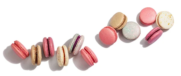 Macarons Franceses Coloridos Diferentes Isolados Fundo Branco Conceito Culinária Culinária — Fotografia de Stock