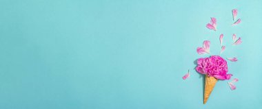 Mavi arka planda şakayıklı dondurma külahları. Çiçek yaprakları, yaz konsepti. Romantik tarz, şenlik kartı, sert ışık, koyu gölge, afiş biçimi