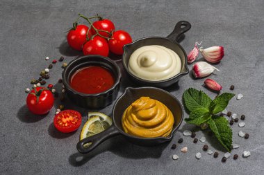 Hardal, ketçap ve mayonez sosu. Taze nane, limon, sarımsak ve baharat. Sert bir ışık, karanlık bir gölge, taş beton bir zemin, düz uzanma, yakın çekim