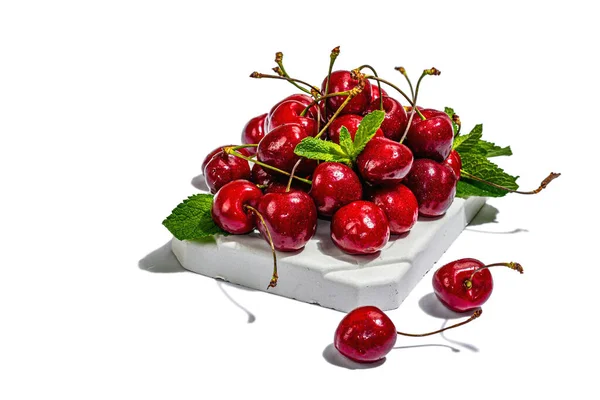 Ripe Sweet Cherries Fresh Mint Leaves Isolated White Background Trendy — Stock fotografie