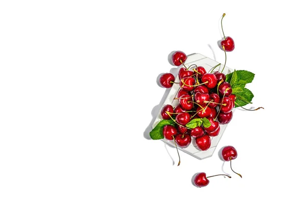 Ripe Sweet Cherries Fresh Mint Leaves Isolated White Background Trendy — Zdjęcie stockowe