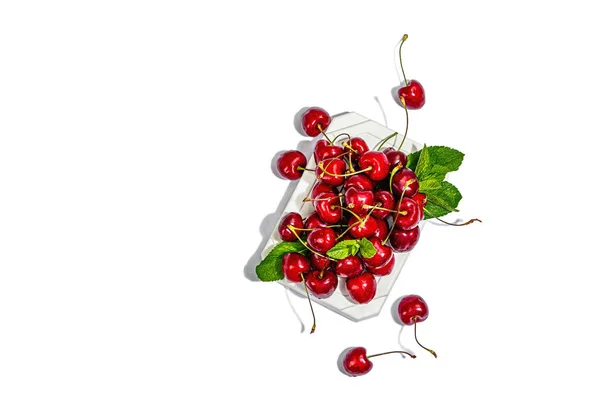 Ripe Sweet Cherries Fresh Mint Leaves Isolated White Background Trendy — 스톡 사진
