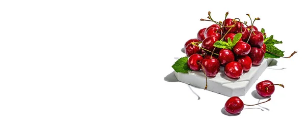 Ripe Sweet Cherries Fresh Mint Leaves Isolated White Background Trendy — Stock fotografie
